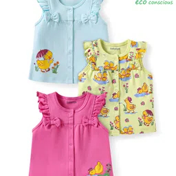 Babyoye Eco Conscious 100% Cotton Knit Frill Sleeves Birds Printed Jhablas with Bow Applique Pack of 3 - Dark Pink Light Blue & Green-picture-13
