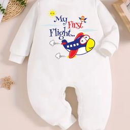 KNITROOT Travel Theme Full Sleeves My First Flight Text Printed Romper - White-image-3