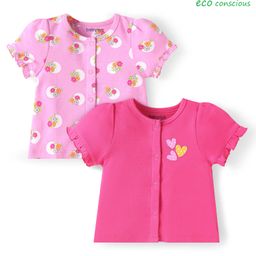 Babyoye 100% Cotton Knit With Eco Jiva Finish Half Sleeves Front Open Vests With Floral & Heart Print Pack of 2 - Dark & Medium Pink-picture-23