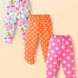 Babyhug Interlock Knit Bootie Leggings with Hearts & Floral Print Pack of 3 - White Orange & Pink-picture-5