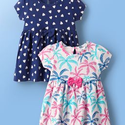 Doodle Poodle Single Jersey Knit Half Sleeves Frocks with Heart & Coconut Tree Print With Bow Applique Pack of 2 - Navy Blue & White-image-51