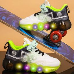 ABROS Basketball Designed Velcro Closure LED Shoes - White & Black-image-16