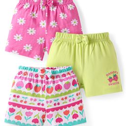 Babyhug Single Jersey Knit Mid Thigh Shorts Floral Print Pack of 3 - Pink Lime Green & White-image-96