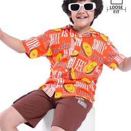 Ollington St. Sinker Knit Half Sleeves Shirt & Shorts Set With Smiley & Text Print - Orange & Brown-picture-4