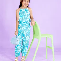 Kiddopanti Rayon Sleeveless Leaves Printed Jumpsuit - Teal Blue-picture-47