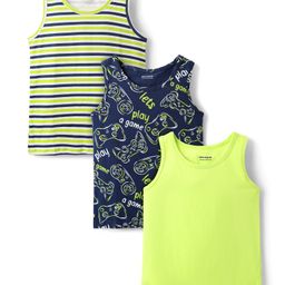 Honeyhap Premium Cotton Elastane Sleeveless Vests With Bio Finish Stripes & Game Print Pack of 3 - Kiwicolada Navy Peony & Bright White-image-116