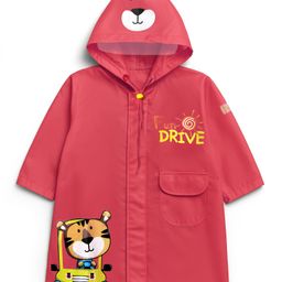 Babyhug Full Sleeves Hooded Raincoat With Tiger Print - Red-image-77