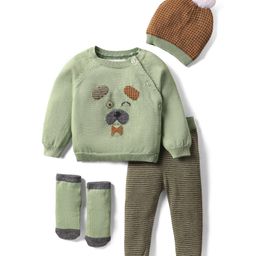 Yellow Apple Knit Full Raglan Sleeves Sweater Set with Animal Design Booties & Cap - Light Green-picture-16