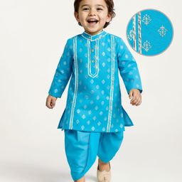 EARTHY TOUCH Single Jersey Knit Mandarin Collar Full Sleeves Kurta Dhoti Set with Floral Foil Print & Lace Detailing - Light Blue-picture-4
