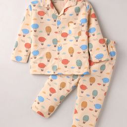 Little Darlings Interlock Knit Full Sleeves Co-Ord Night Suit With Air Balloon Print - Light Orange-image-35