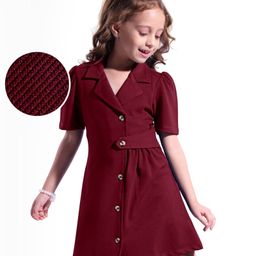 Hola Bonita Knit Collar Neck Half Sleeves Solid Colour Textured Dress - Maroon-image-80