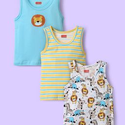 Babyhug 100% Cotton Sleeveless Vests With Stripes & Animal Print Pack Of 3 - Light Blue White & Yellow-picture-29