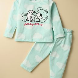 Smarty Sinker Knit Full Sleeves Co-ord Night Suit with Cloud Print - Aqua Blue-image-69