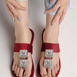 Shoetopia Metal Applique Detailed Beads Designed Kolhapuri Sandals - Red-image-99