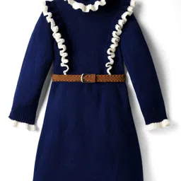 Hola Bonita Knitted Full Sleeves Textured Fabric Sweater Dress With Belt - Navy Blue-picture-27