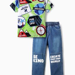 OLLINGTON ST. Cotton Half Sleeves Printed T-Shirt & Stretchable Denim Joggers - Multicolor & Indigo-picture-35
