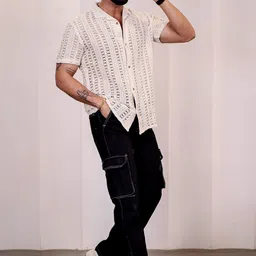 Eszett Men Textured Cuban Collar Cotton Casual Shirt-image-21
