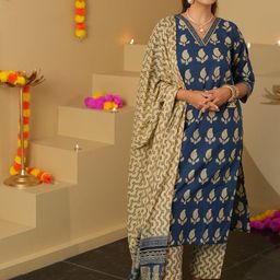 KALINI Floral Printed V-Neck Straight Kurta With Trousers & Dupatta-image-42