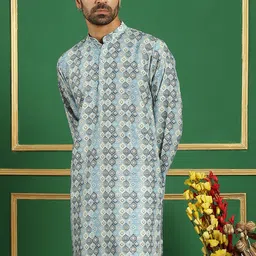 Anouk Turquoise Blue & Black Ethnic Motifs Printed Band Collar Pure Cotton Straight Kurta-image-80