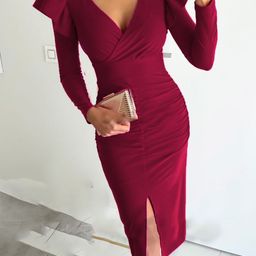 bebe Ruched Long Sleeve V-Neck Slit Bodycon Knee Length Dress-image-26