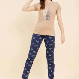 Sweet Dreams Brown & Blue Cotton Printed T-Shirt Pyjama Set-image-115