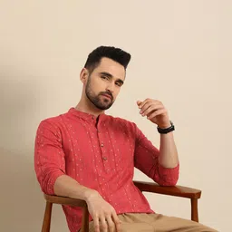 Anouk Men Coral Red Embroidered Mandarin Collar Short Kurta-picture-14