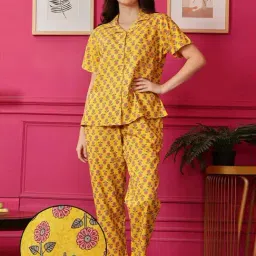 Clovia Yellow Relaxed Fit Floral Print Pyjama Sets-image-60