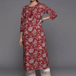 Varanga Maroon Cotton Floral Print Straight Kurta-image-63