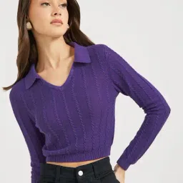 Styli Purple Self Pattern Cropped Sweater-image-34