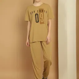 Vimal Jonney Mud Beige Cotton Printed Sports T-Shirt Track Pant Set-image-93
