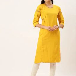 SHOWOFF Yellow Cotton Calf Length Straight Kurta-picture-16