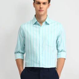 Arrow Green Cotton Slim Fit Striped Shirt-image-51