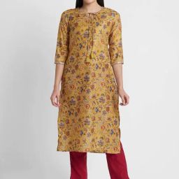 Globus Mustard Printed Straight Kurta-image-70