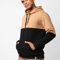 Campus Sutra Tan & Black Cotton Regular Fit Colour Block Hooded Sweatshirt-image-53