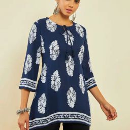 Soch Navy Blue Crepe Floral Print Round-Neck Tunic with Vented Hemline-image-93