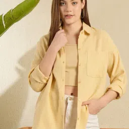 CHIMPAAANZEE Yellow Cotton Plain Oversized Shirt-image-39