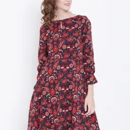 DODO & MOA Red & Navy Printed A-Line Dress-image-13