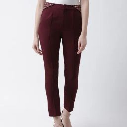 KASSUALLY Maroon Embellished Regular Fit Mid Rise Trousers-80