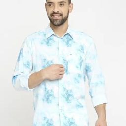 Basics Blue Cotton Slim Fit Printed Shirt-image-86