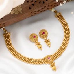 Peora Gold Plated Pink Synthetic Stone Studded Necklace Drop Earrings Set-picture-21