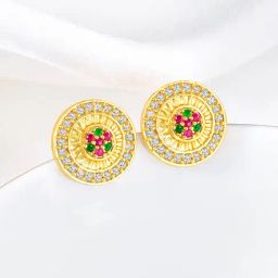 Peora Gold Plated Pink Green Synthetic Stone Studded Round Stud Earrings-image-87