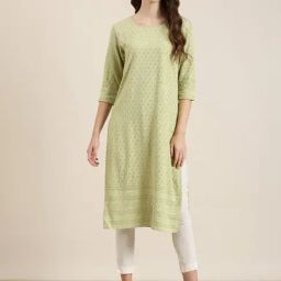 SHOWOFF Lime Green Cotton Embellished Kurta-picture-42