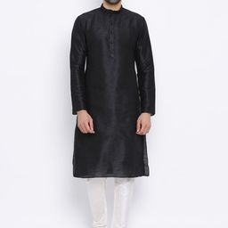 NAMASKAR Men Black & White Dupion Silk Solid Kurta with Churidar-picture-2