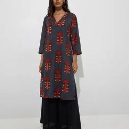 Utsa by Westside Charcoal Foliage Design Cotton Straight Kurta-image-1