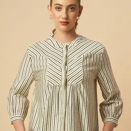 Chemistry Striped Band Collar Cuffed Sleeves Shirt Style Top-52
