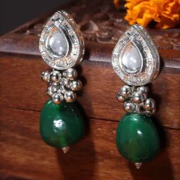 Dugran By Dugristyle Green & Silver Drop Earrings with Kundan and Pearls-image-16