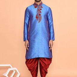 Arihant Rai Sinha Men Floral Yoke Design Regular Thread Work Dupion Silk Kurta with Dhoti Pants-picture-2