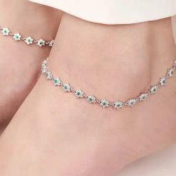 Zavya Floral Green CZ Rhodium Plated 925 Sterling Silver Anklet-15