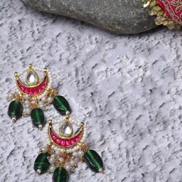 Dugran By Dugristyle Pink & Green Drop Earrings with Kundan and Natural Stones-image-71