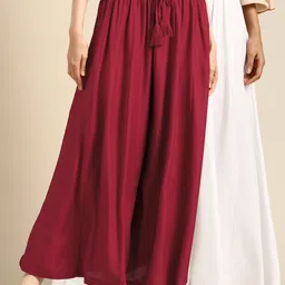 TAG 7 Women White & Maroon Solid Flared Palazzos-image-33